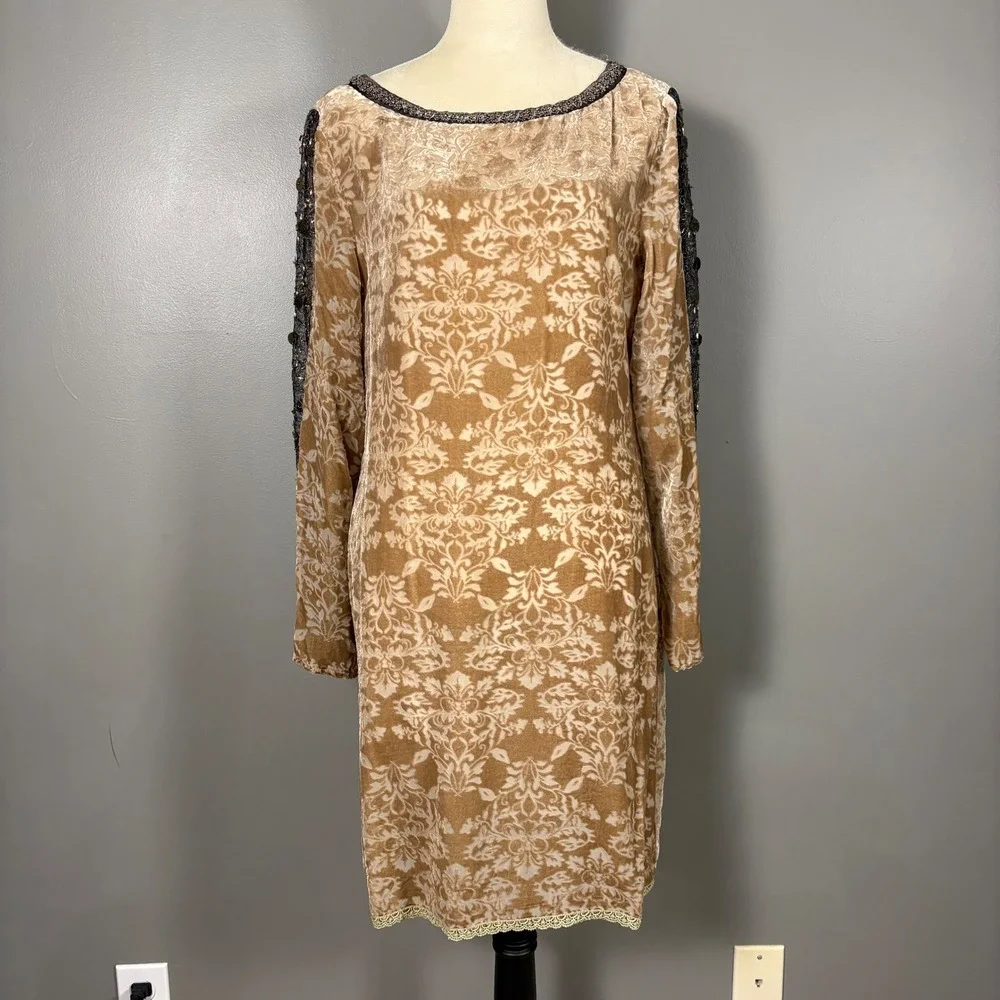 Sundance Champagne Dreams Velvet Burnout Damask Shift Dress Beaded 14 Silk Event